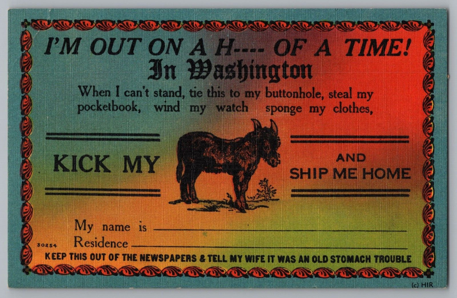 Postcard Comic I\'m out on a hell of a time, in Washington - Donkey