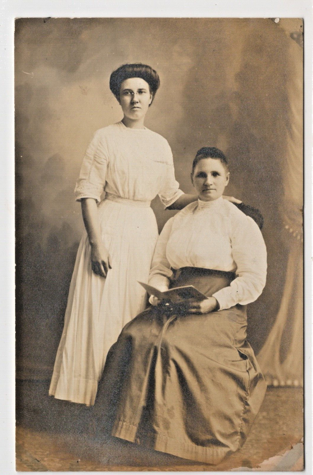 RPPC Real Photo Postcard Victorian Fashion Two Women Book Studio Pose 1912 AZO