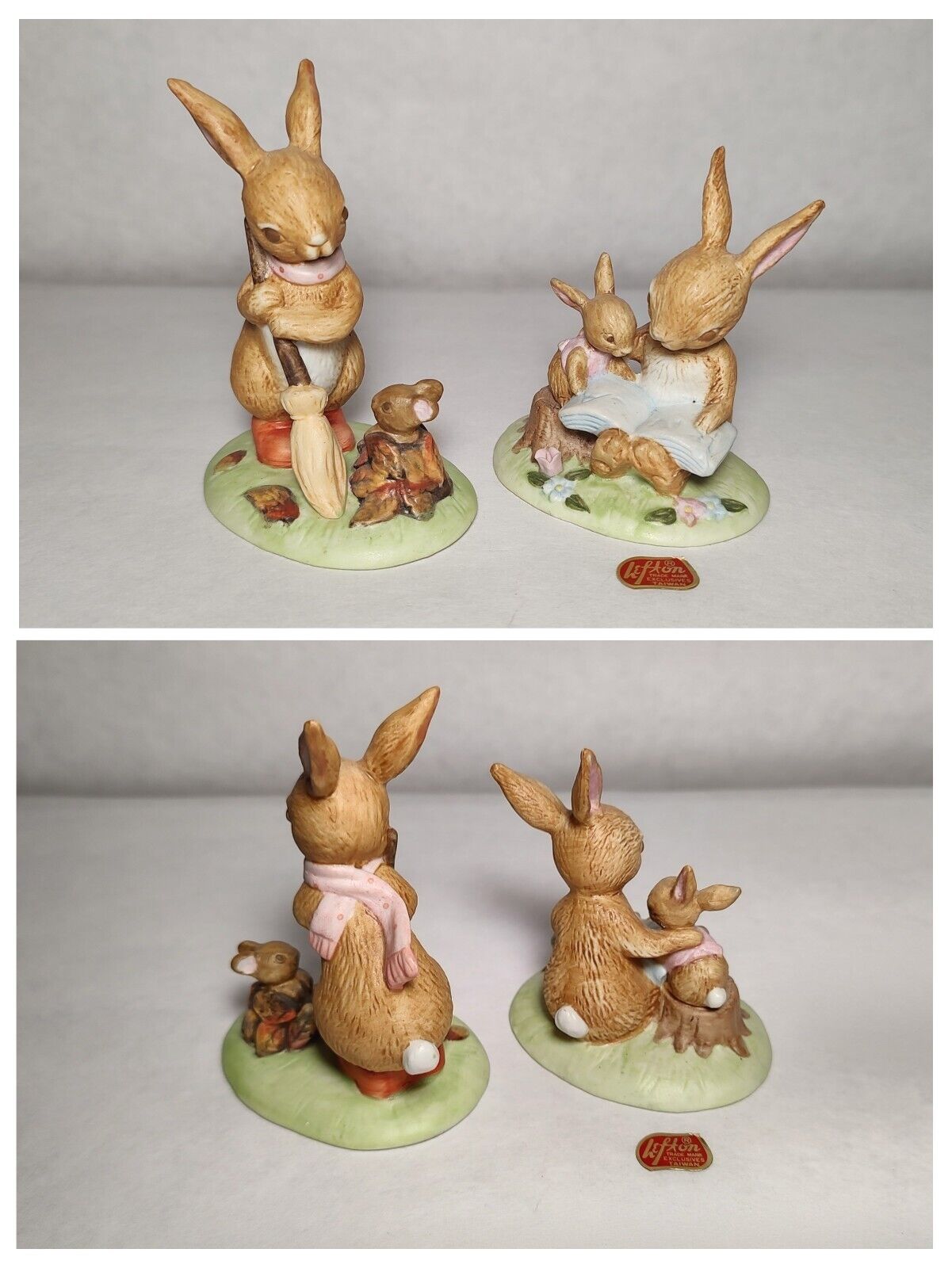 Lefton China Vintage Bunny Statues Easter #02889 Reading & Sweeping Porcelain