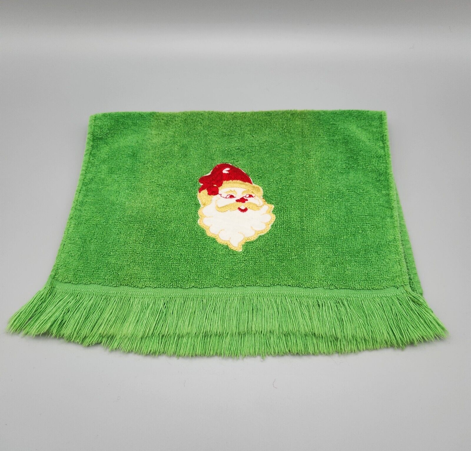 Vintage Martex Christmas Hand Towel Cotton Appliqué Santa Green Fringe Holiday 