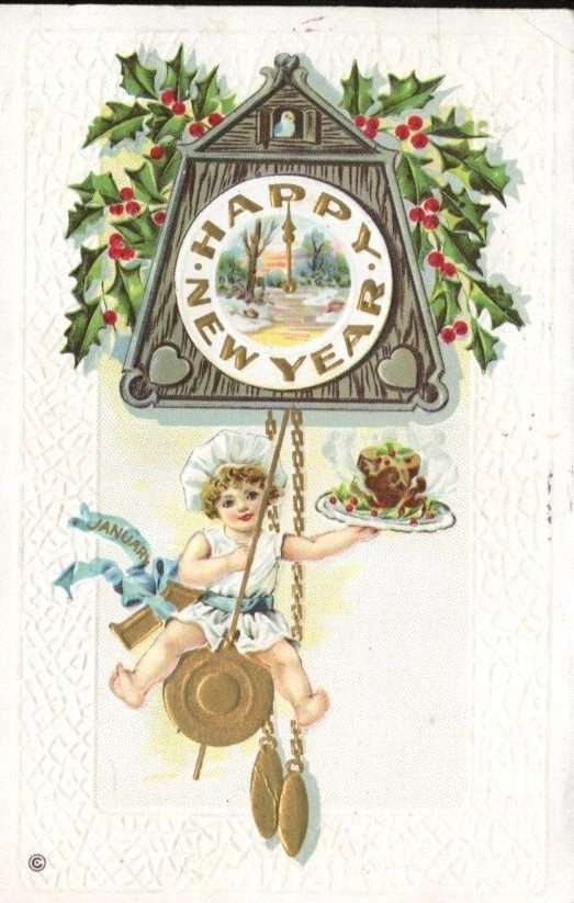 Antique Postcard Happy New Year Child Chef Clock Pendulum 1913