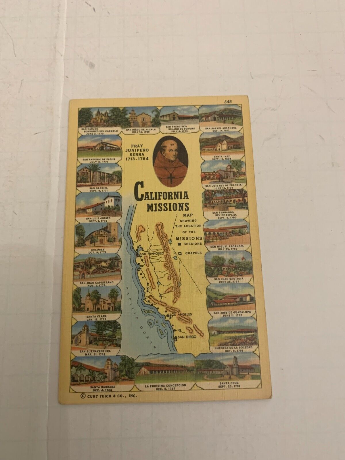 c.1940\'s California Missions Fray Junipero Serra Linen Postcard
