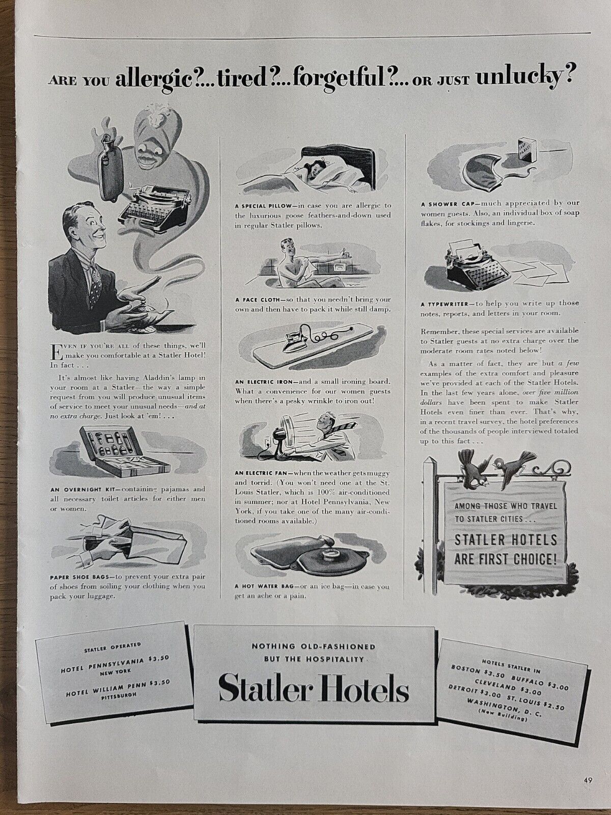 1941 Statler Hotels Print Advertising Life Magazine Genie Bathtub Birds B&W