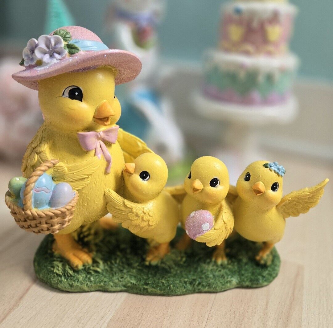Large Size Vintage Repo Easter Chicks With Mom Glitter Bonnet Figurine 🐥🐥🐥
