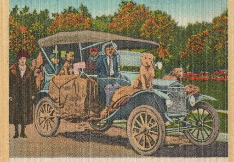 c1930s Dear Old Flivver King A Woodburn poet dog auto linen postcard C381