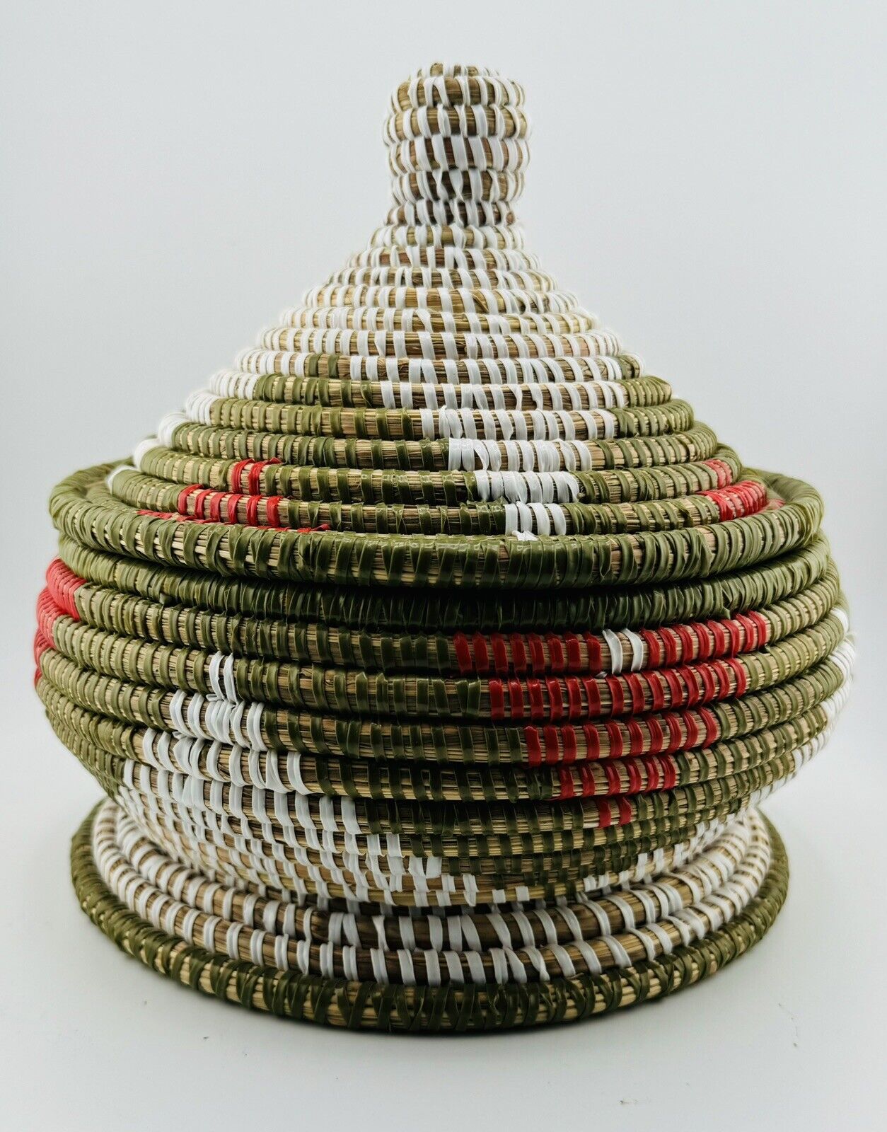 Senegal Hand Woven Round Coiled Basket with Lid Red Green White Tribal 8.5”