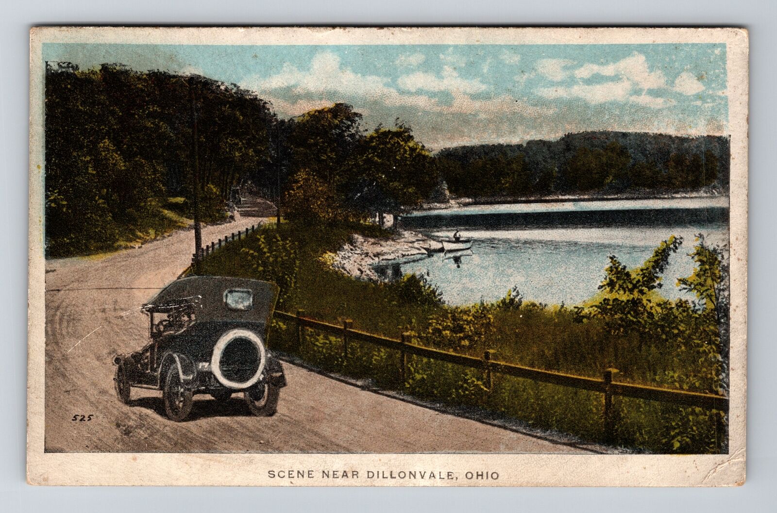 Dillonvale OH-Ohio, Scenic, Old Car Driving Next to Lake, Vintage Postcard