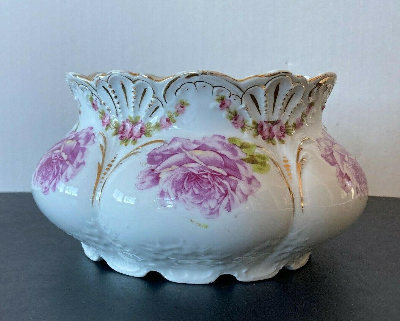 Antique Silesien Germany Porcelain Bowl Purple Floral Gilt  Large Cottage Core