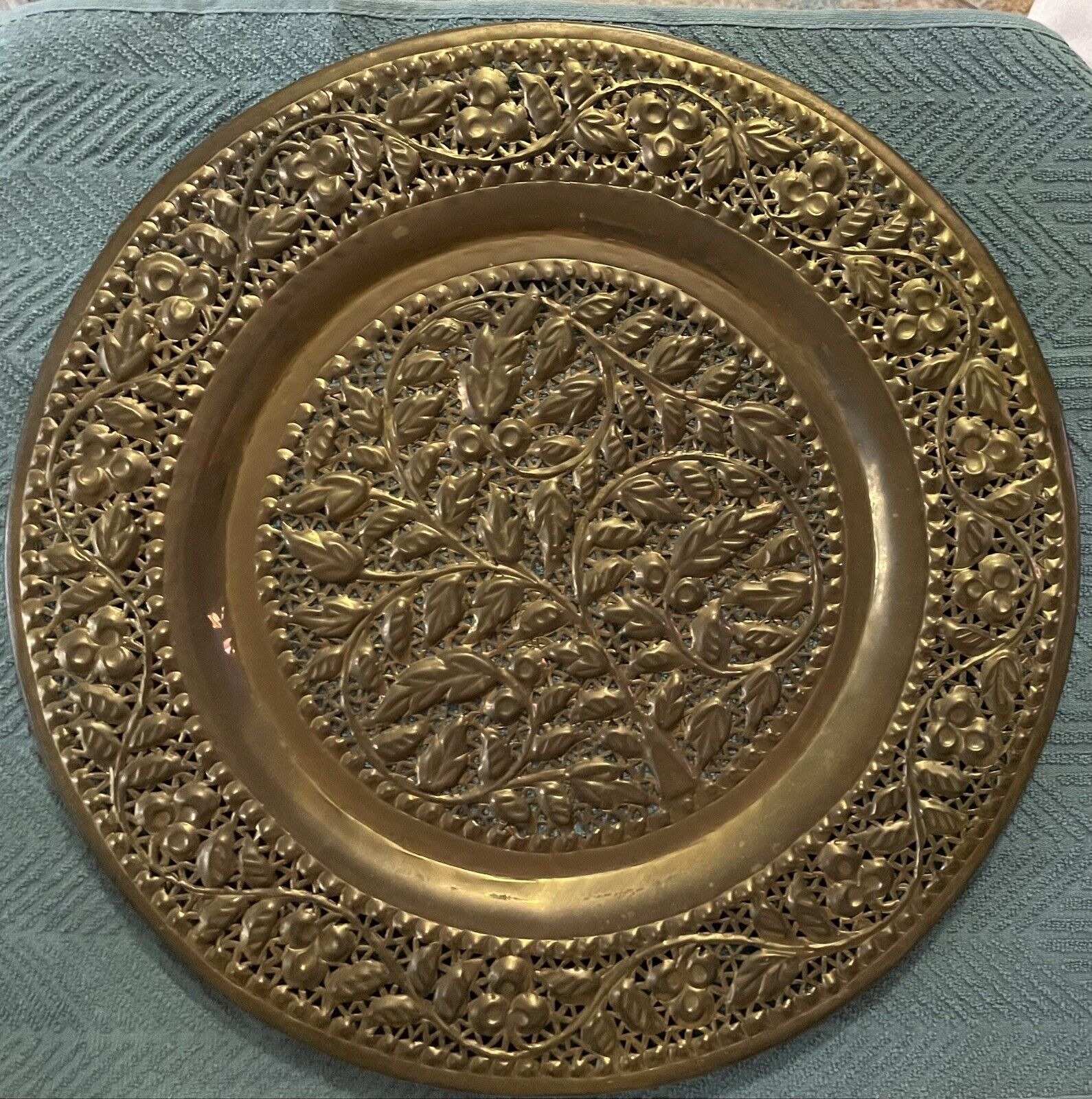 Vintage Brass Filigree Plate Wall Hanging  Great Design from Pakistan 15”