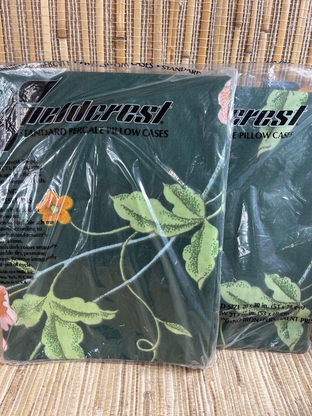 Vintage Fieldcrest Green Empress Floral Standard Pillowcases Set of 2