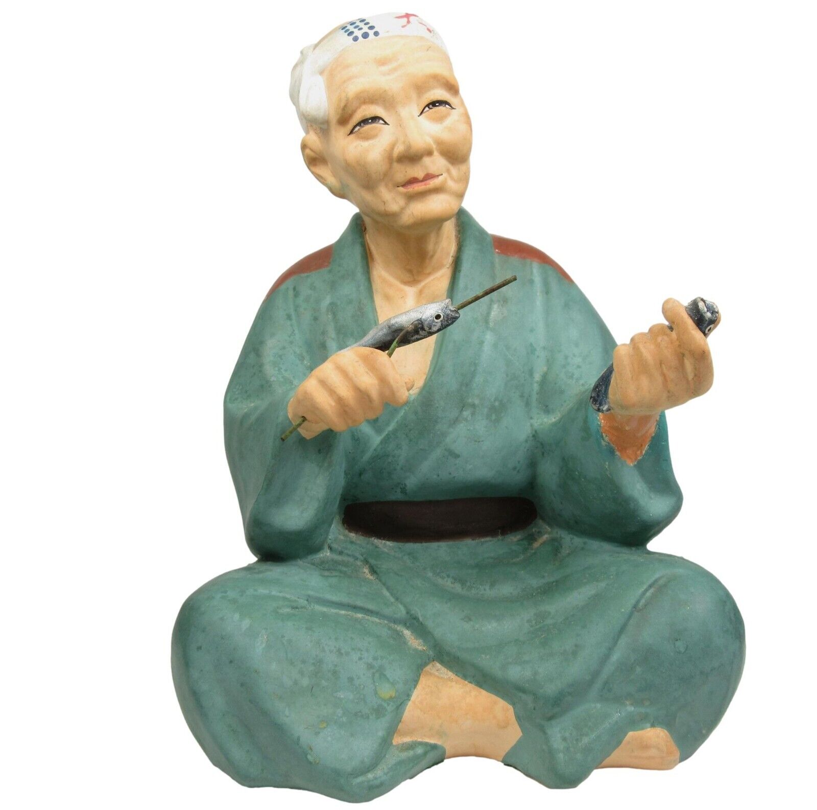 Hakata Mimasu Clay Doll Figurine Seated Fisherman 1960s Japan Repaired Hand