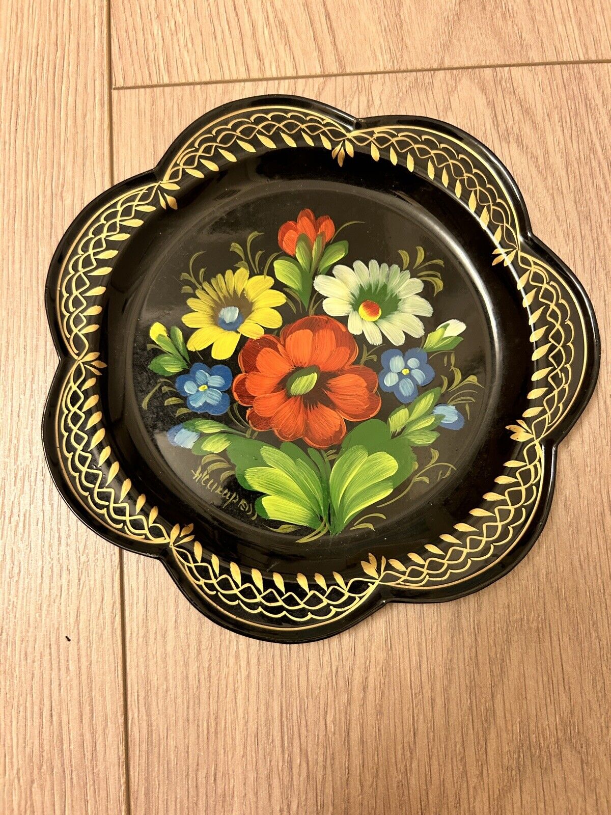 Vintage Russian Zhostovo Toleware Metal Tray Hand painted Floral Signed