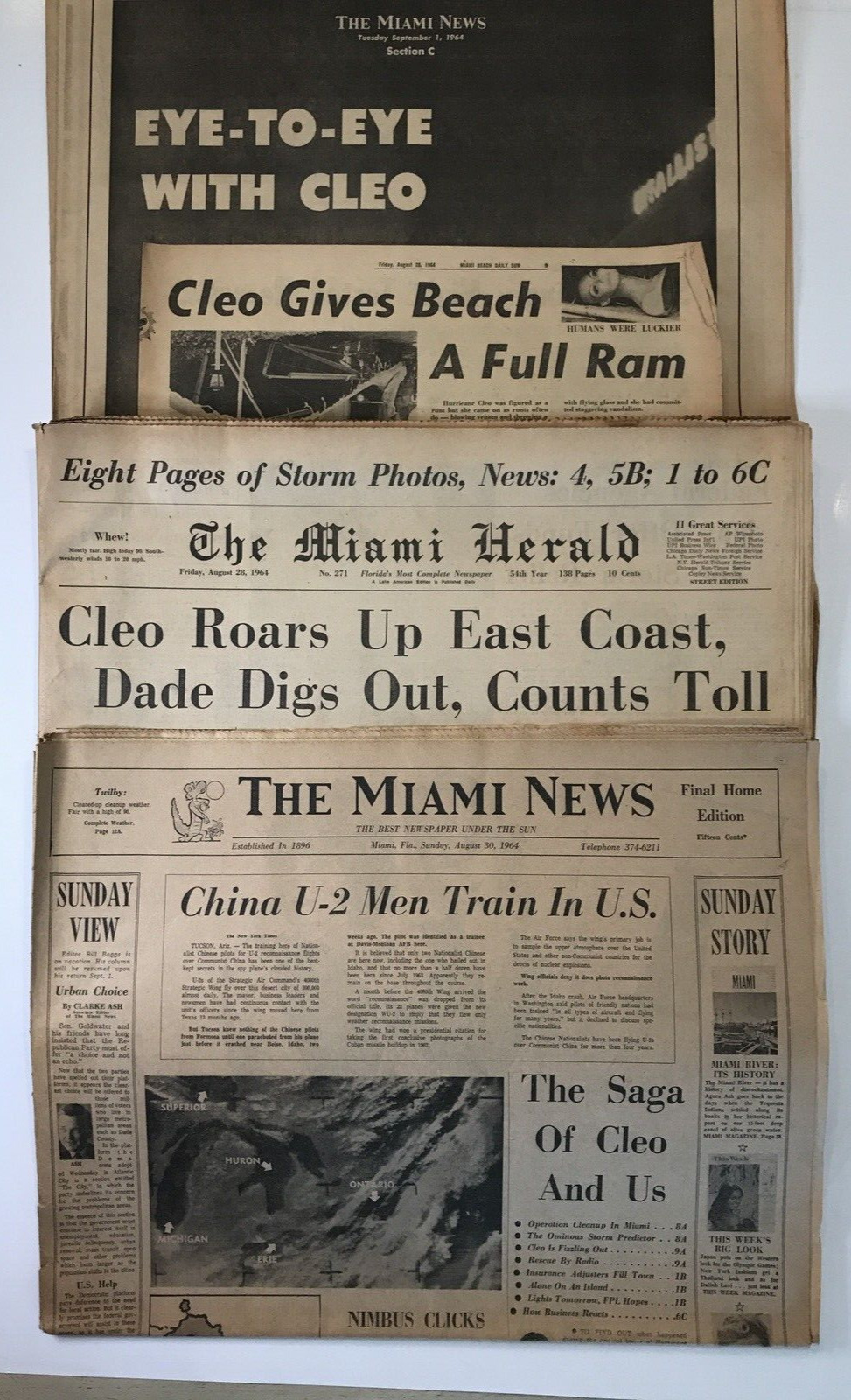 Hurricane Cleo Miami Newspapers VTG 1964 - Miami Herald, Miami News, Daily Sun