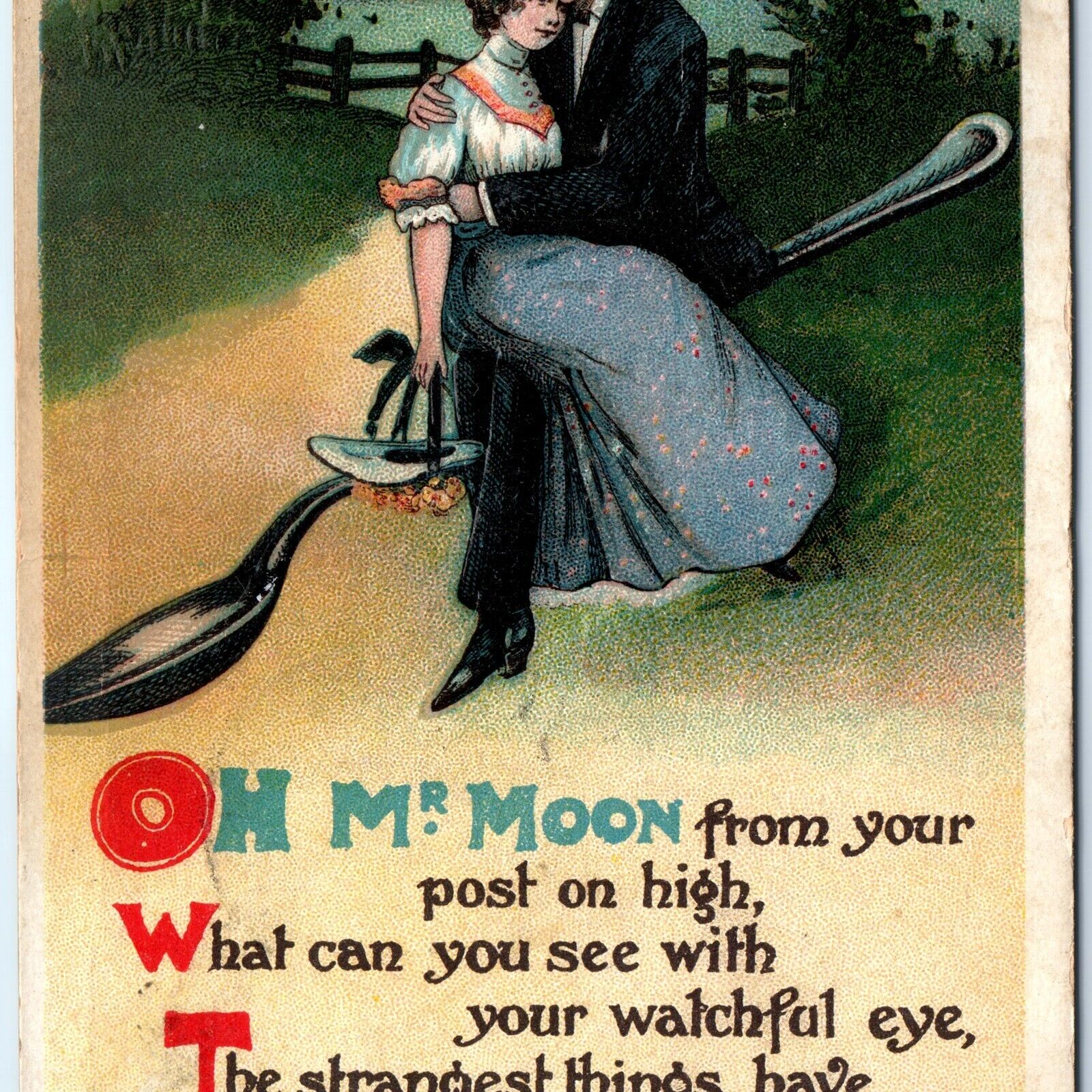 c1910s Mr Moon Man Poem Exaggerated Spoon Crescent Face Embossed Romance PC A145