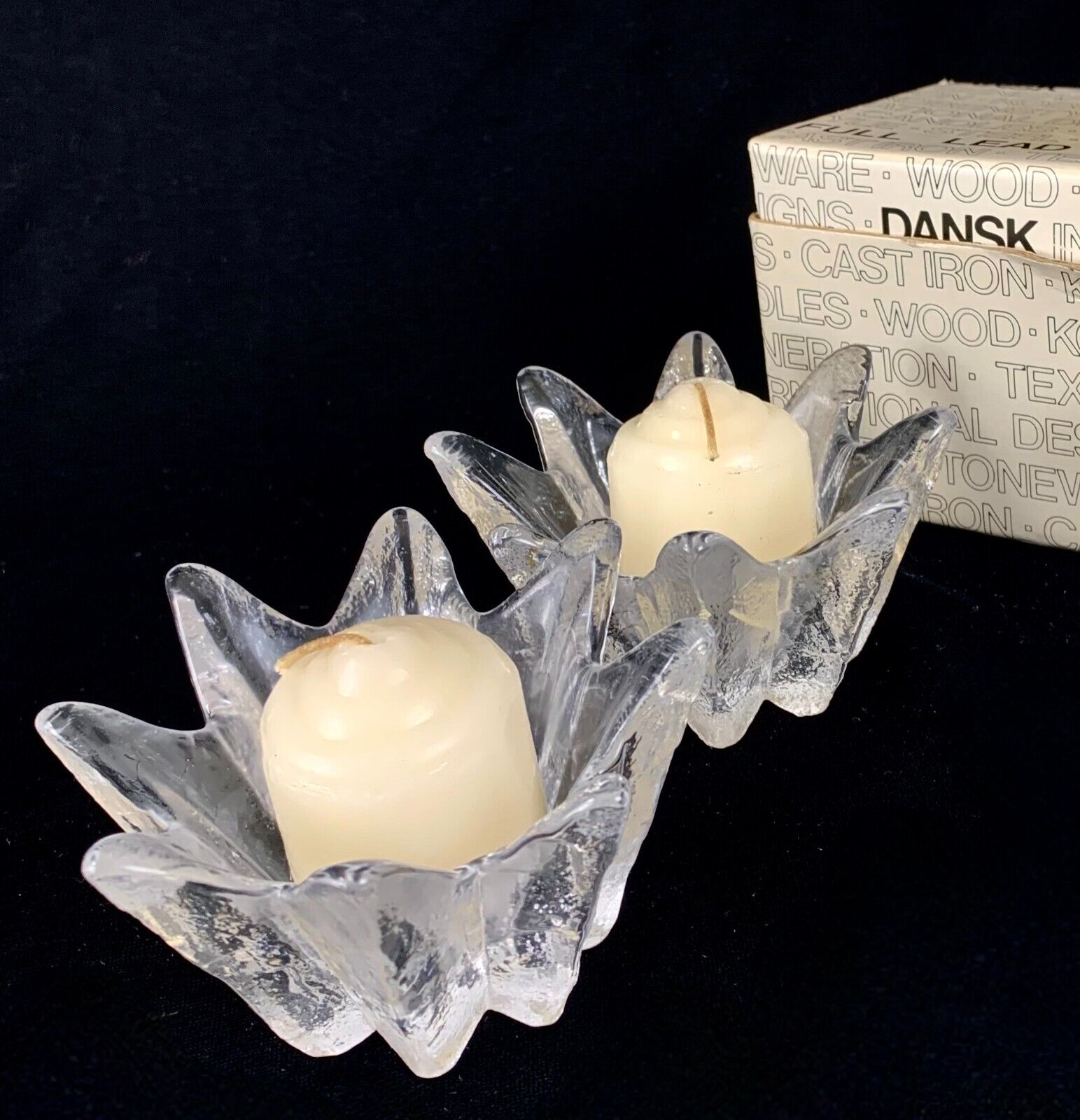 Vintage Unused Pair Dansk Tea Lights Crystal Candle Holders Flower Shaped Box