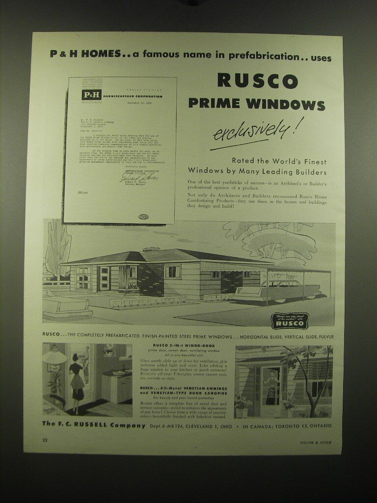 1954 Rusco Prime Windows Ad - P&H Homes.. A famous name in prefabrication..