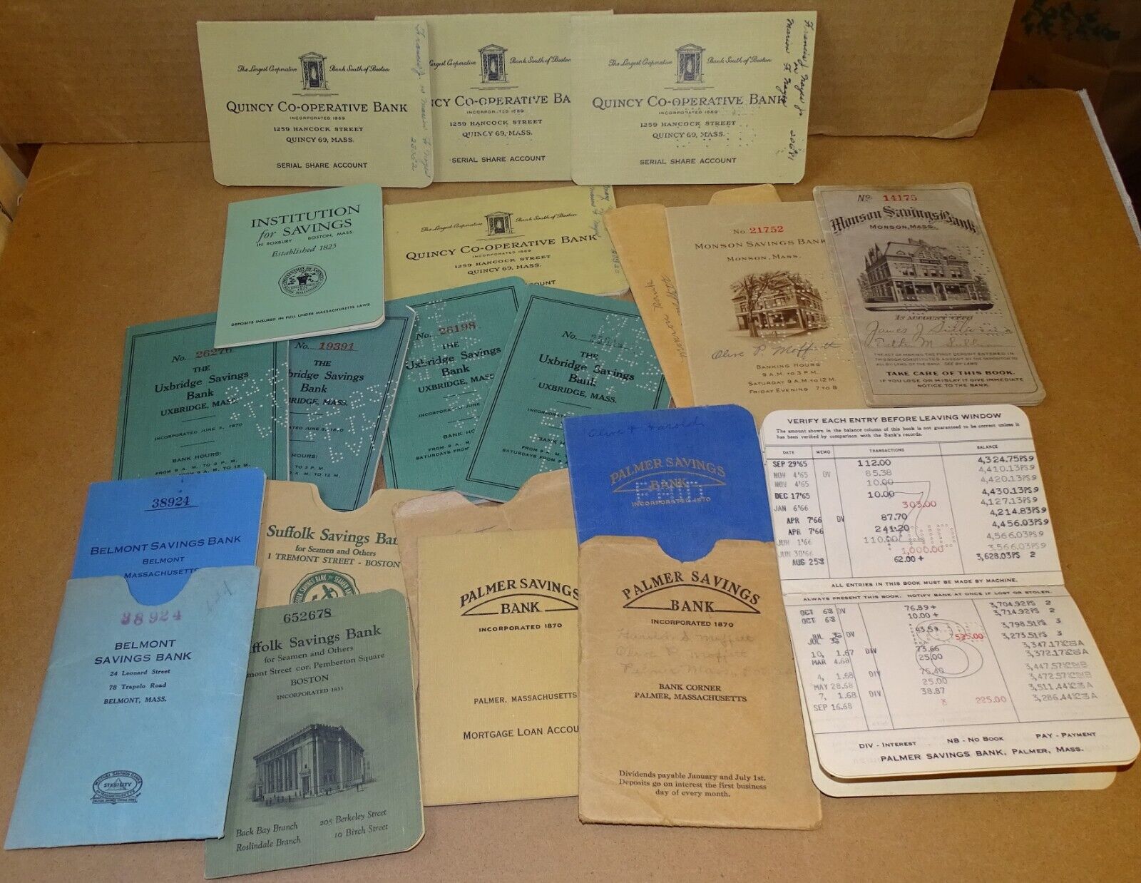 17 old Bank Passbooks from Massachusetts; Monson, Quincy, Uxbridge Savings, etc.