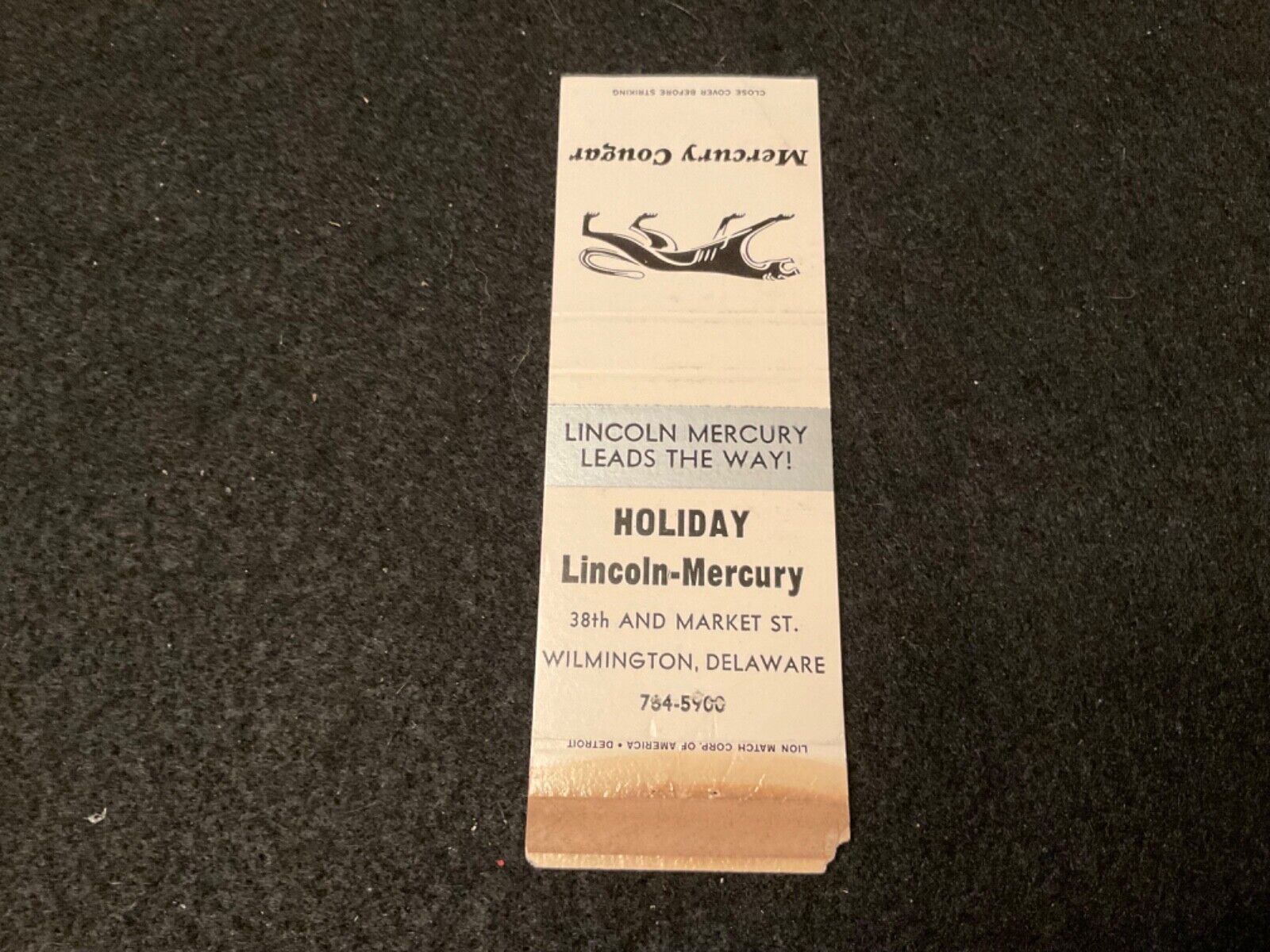 Mercury Cougar Holiday Lincoln-Mercury Wilmington Delaware Matchbook Cover