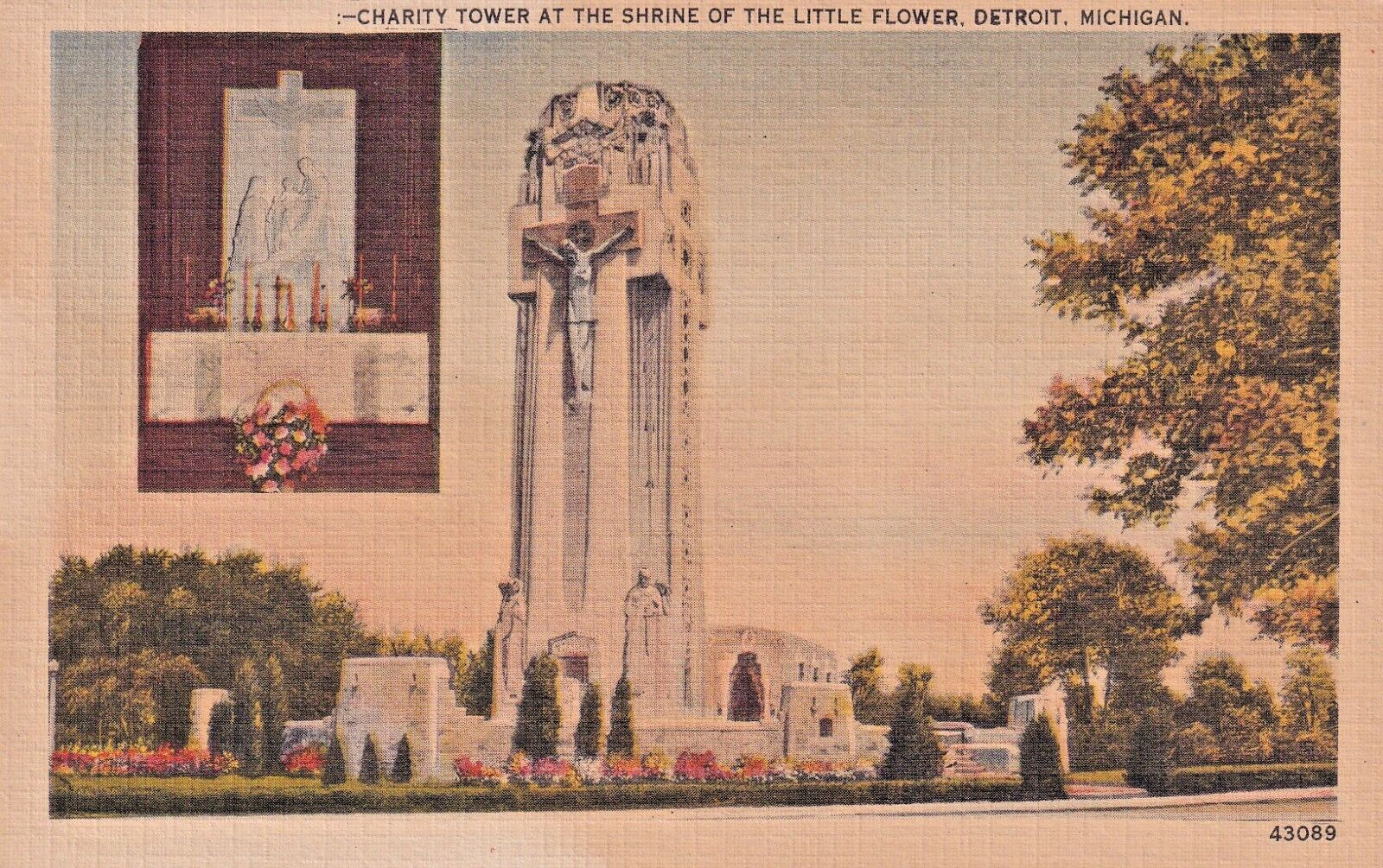 Postcard MI Detriot Michigan Shrine of the Little Flower Charity Tower  I9