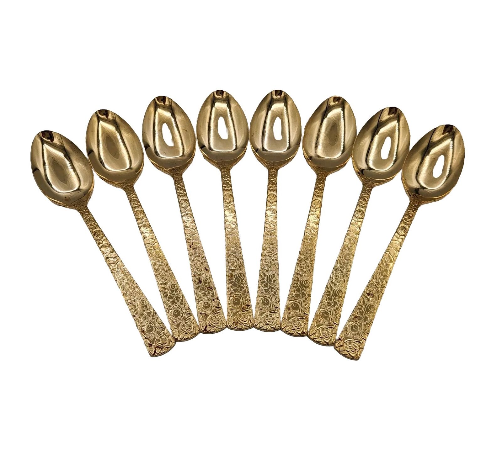 VTG Cellini Romanesque Set Of 8 Gold Plated Flatware Large Spoons Japan