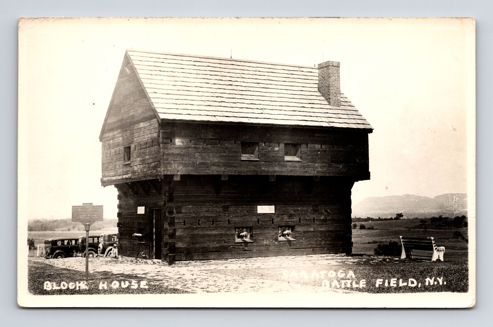 RPPC Block House & Cars Battle Field Saratoga New York NY Real Photo Postcard