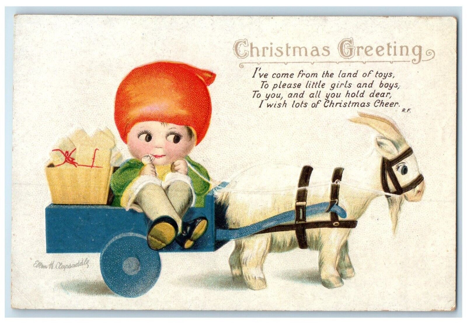 c1910's Christmas Greeting Goat Wagon Little Boy Ellen Clapsaddle Postcard