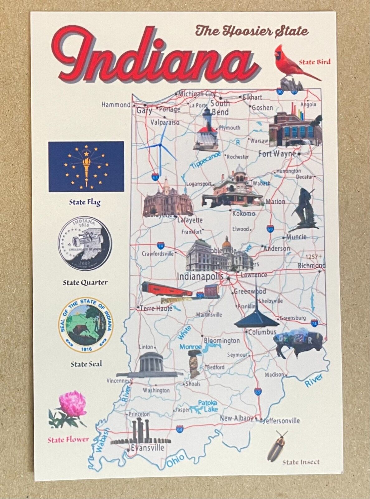 Postcard blank Indiana State Map 4x6 with State Facts and background