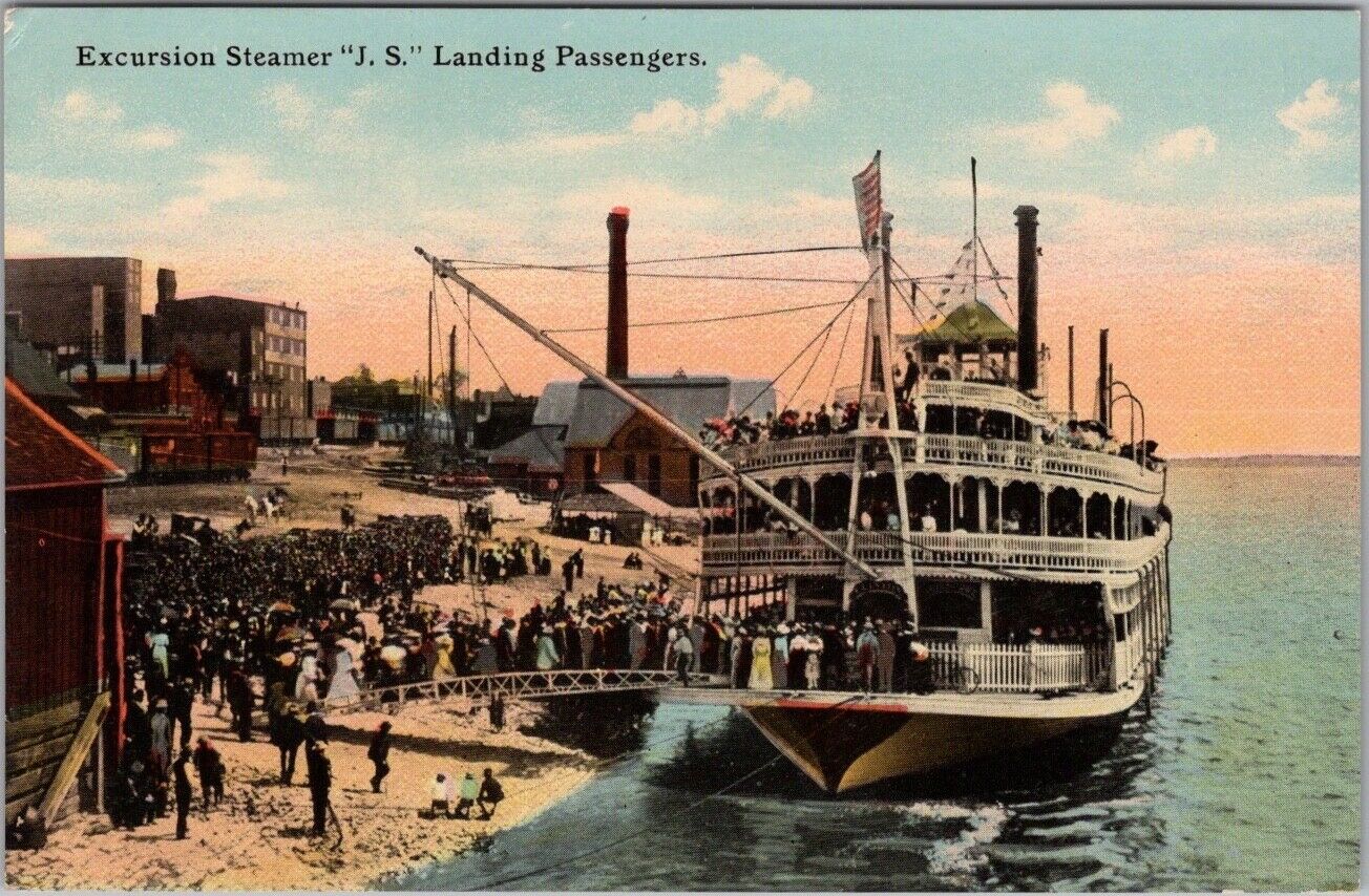 c1910s Mississippi River Boat Postcard Excursion Steamer J.S. Loading Passengers
