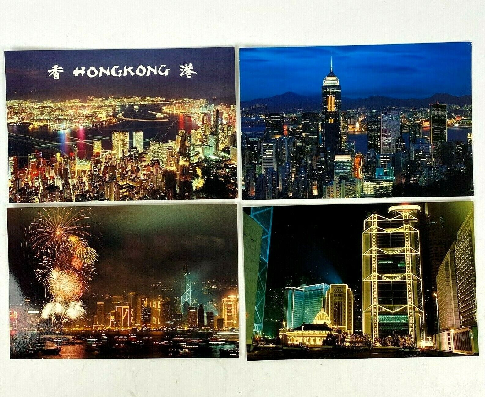 Lot 4 Hong Kong Night Scenes Fireworks Wanchai Bank Building Post Cards VTG