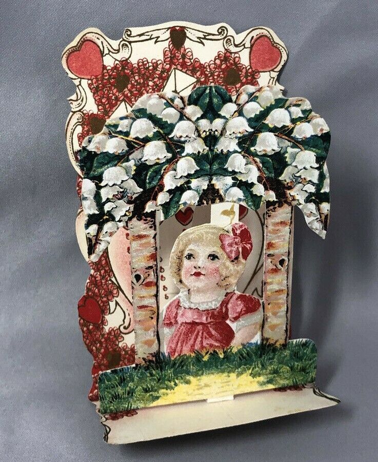1930s LILY of VALLEY Girl Layered Fold Out VALENTINE Stand Up Die Cut VINTAGE