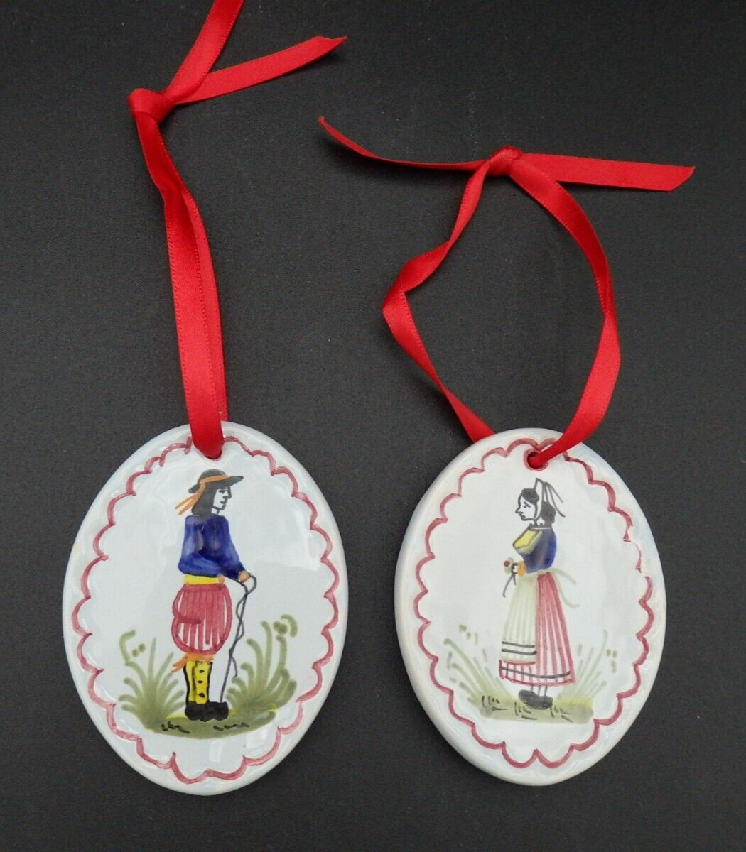 Henriot Quimper France Noel 1981 Hand Painted Ornaments Set of 2 Man and Woman