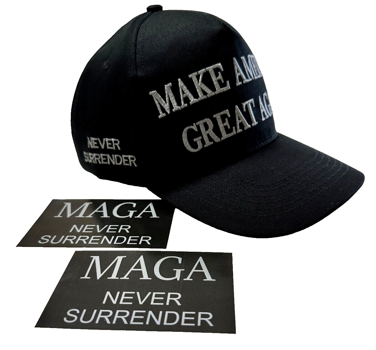 3 - Trump..OFFICIAL..MAGA Hats..NEVER SURRENDER..+ 4 Decals....HOT NEW DESIGN