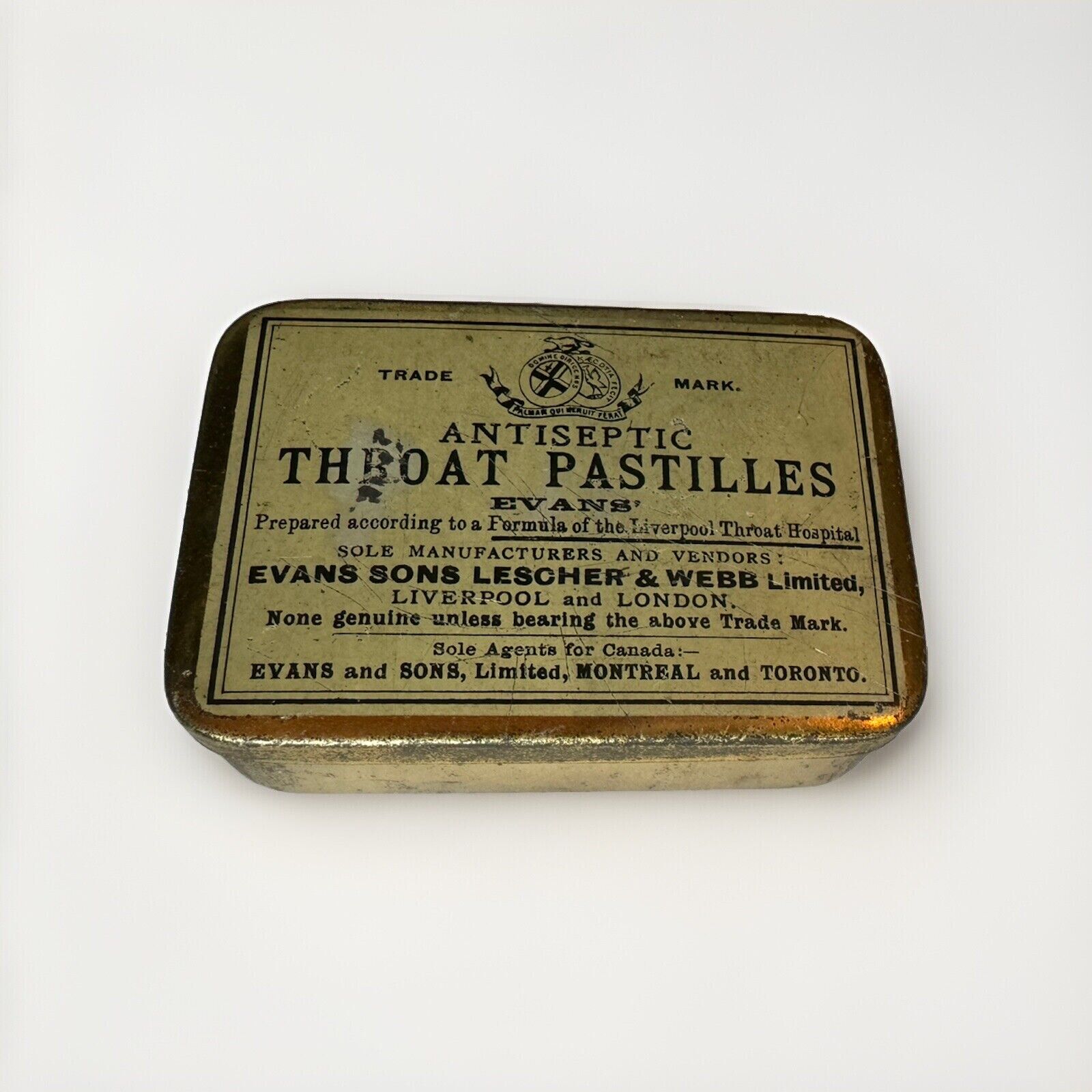 Vintage 1910s Evans Antiseptic Throat Pastilles Tin - SPANISH TEXT - London RARE