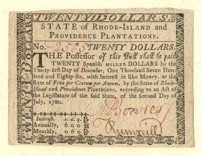 Colonial Currency - FR RI-289 - July 2, 1780 - Paper Money - Paper Money - US - 