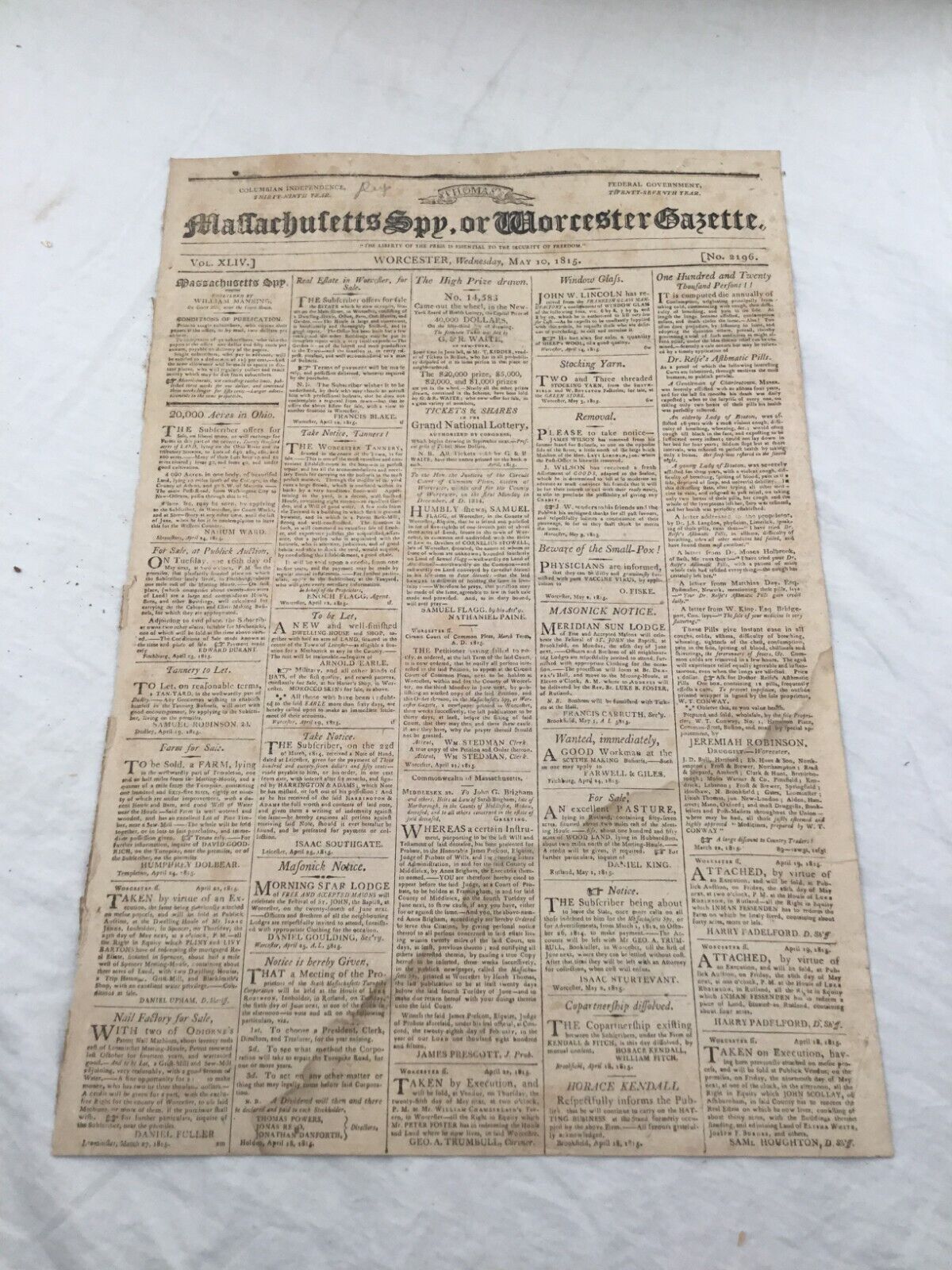 Massachusetts Spy or Worceser Gazette May 13th 1812 Vintage Newspaper Antique