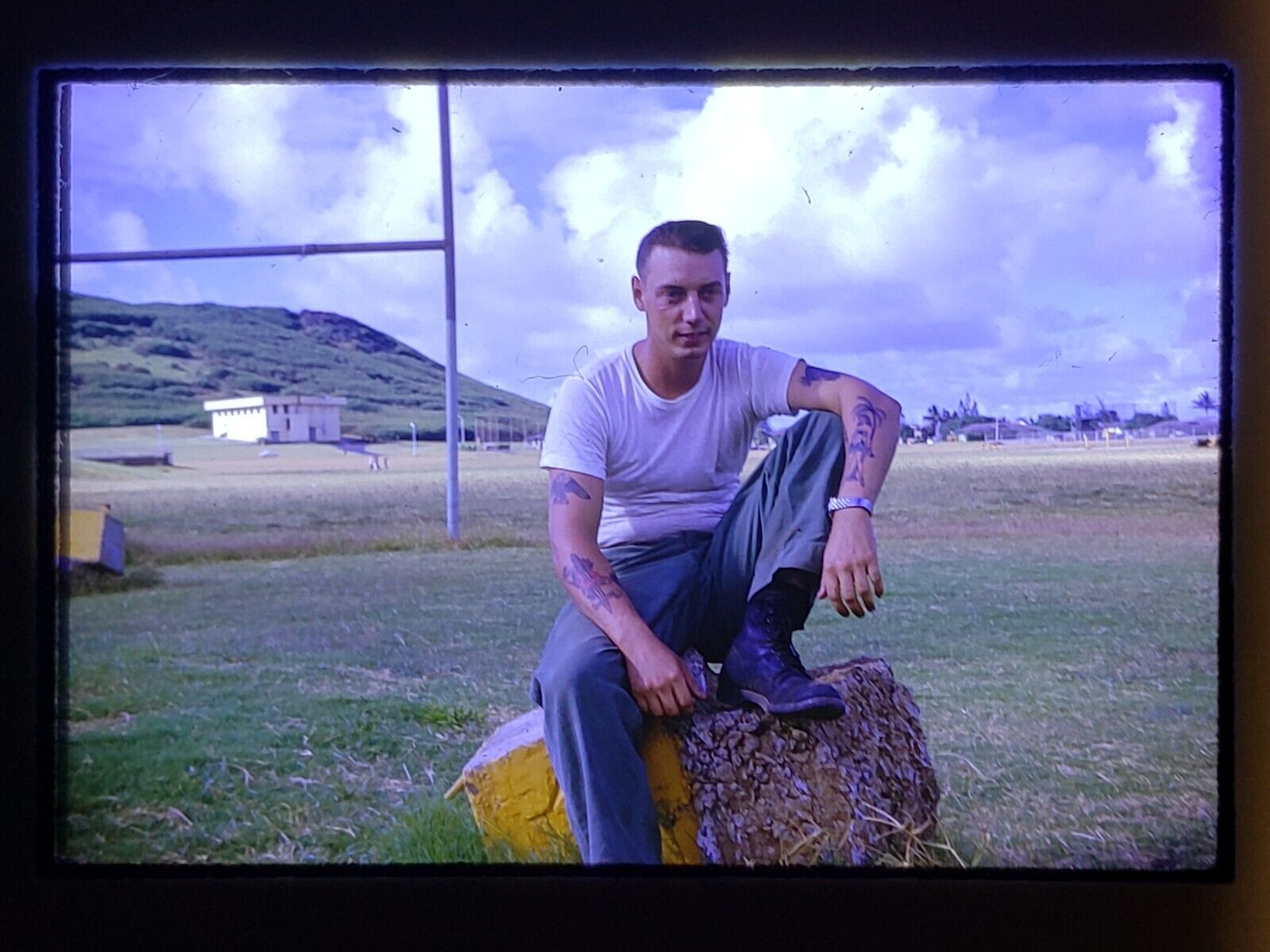 Vtg 1963 35mm Slide - Young US Army Solider with Tattoos in Field South Pacific