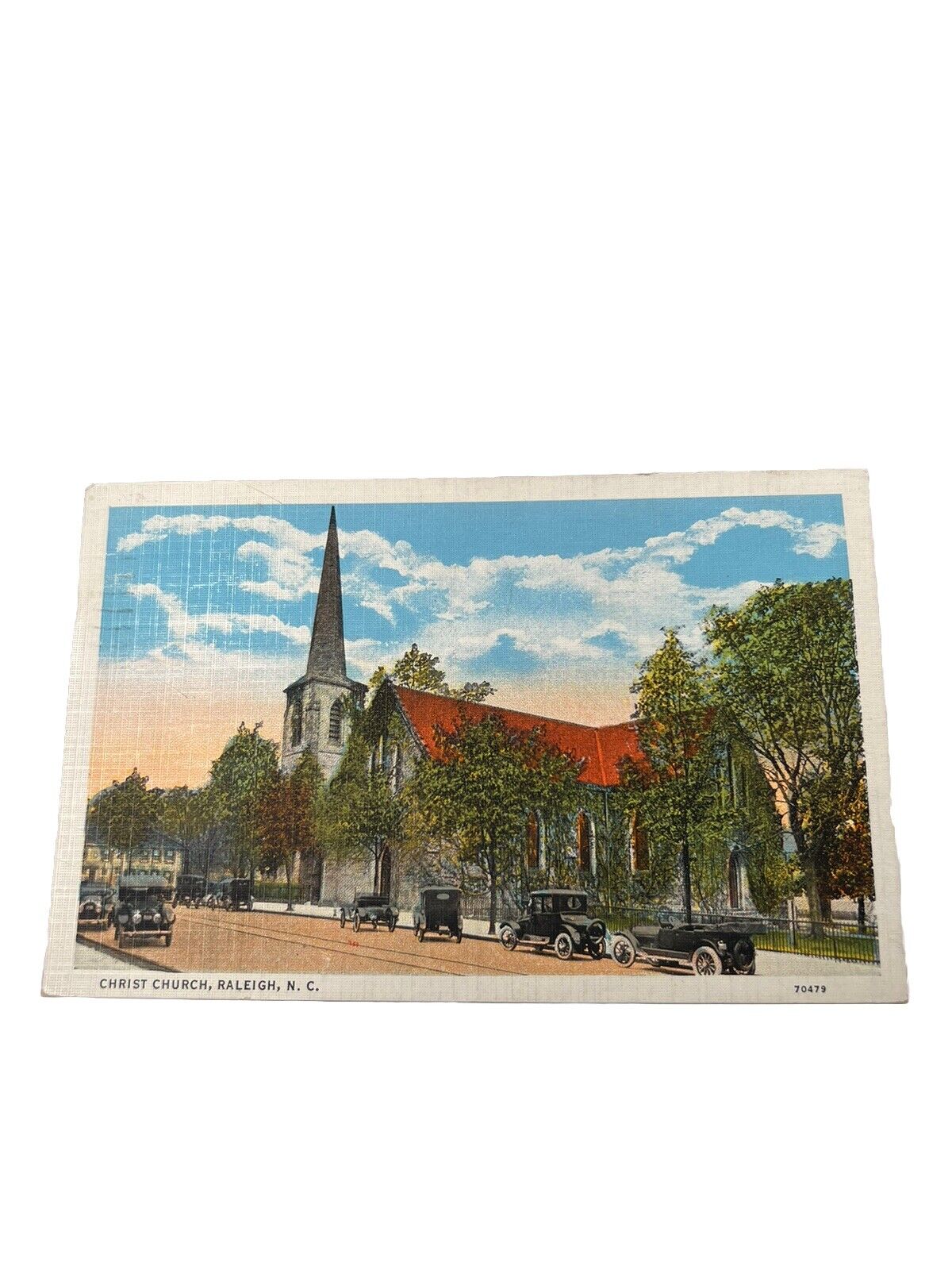 Christ Church, Raleigh, North Carolina Vintage Linen Postcard With Classic Cars.