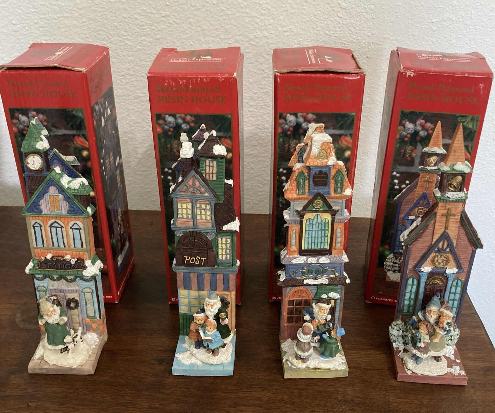 Holiday Expressions Hand-Painted Resin Skinny Christmas Village 8” Set Of 4 1995