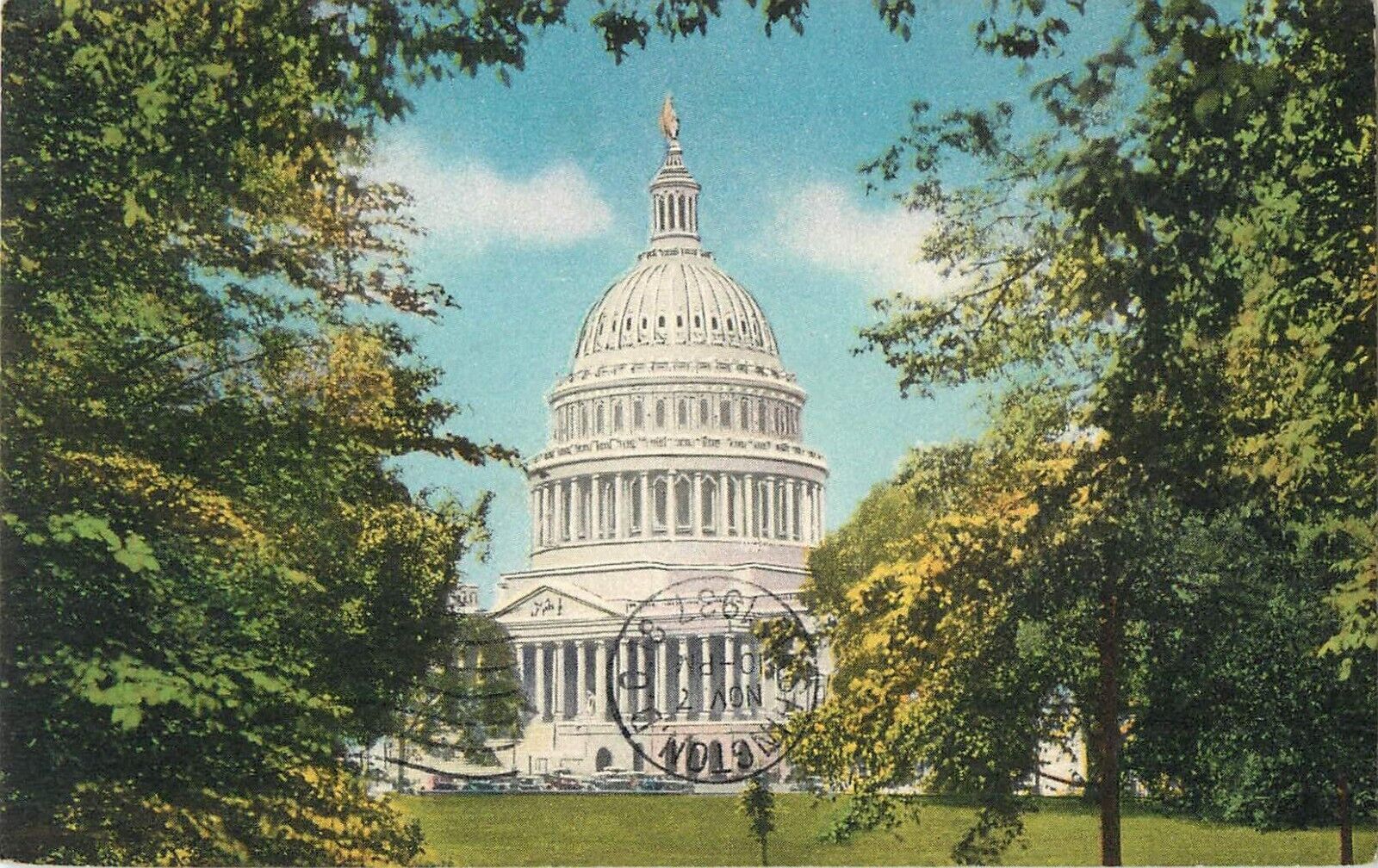 1937 Postcard US Capital Building Washington D.C. through trees linen posted