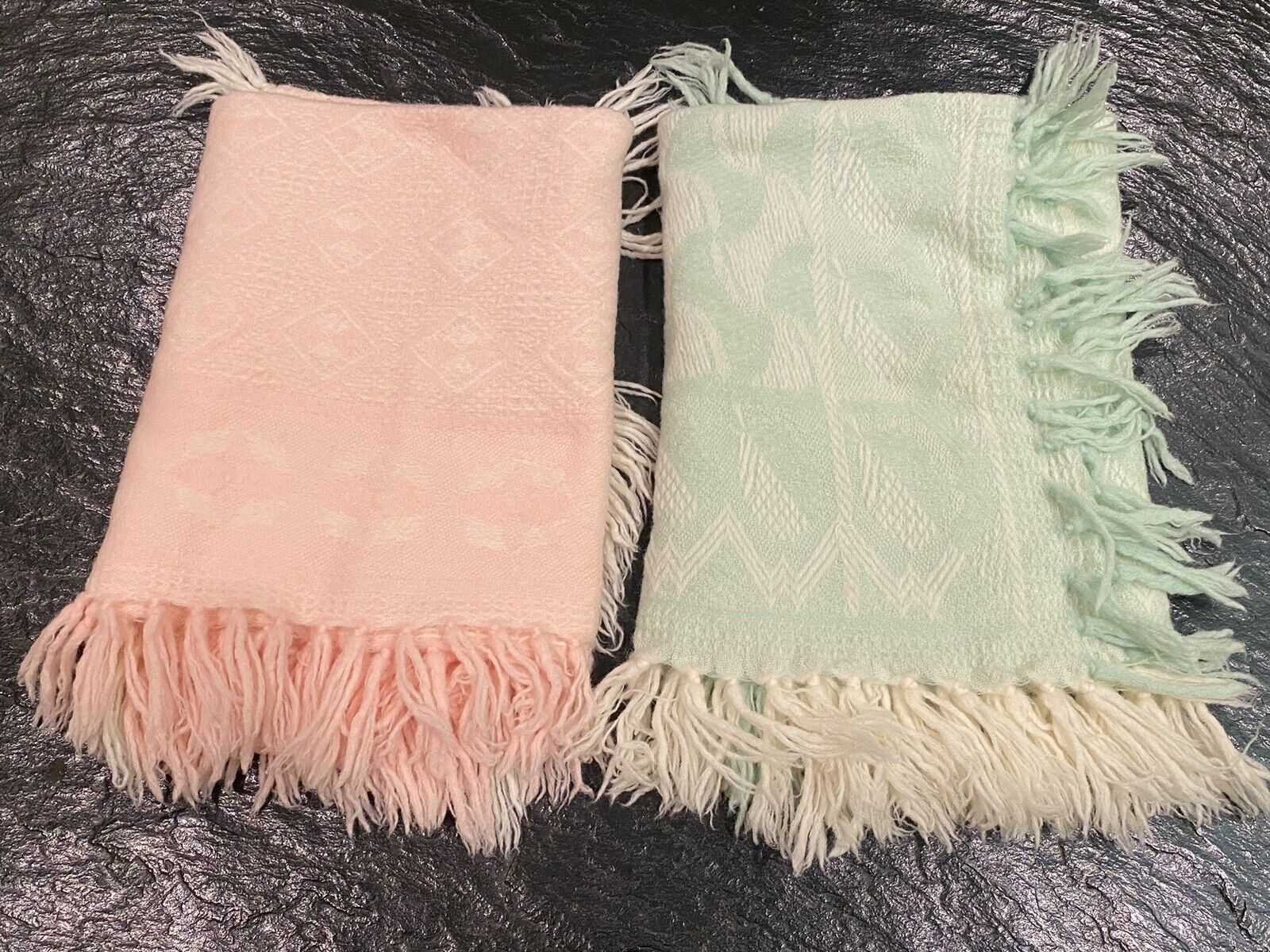 2 Pc Vintage Woven Wool Blankets Pastel Pink & Green With Fringe. 34x37\