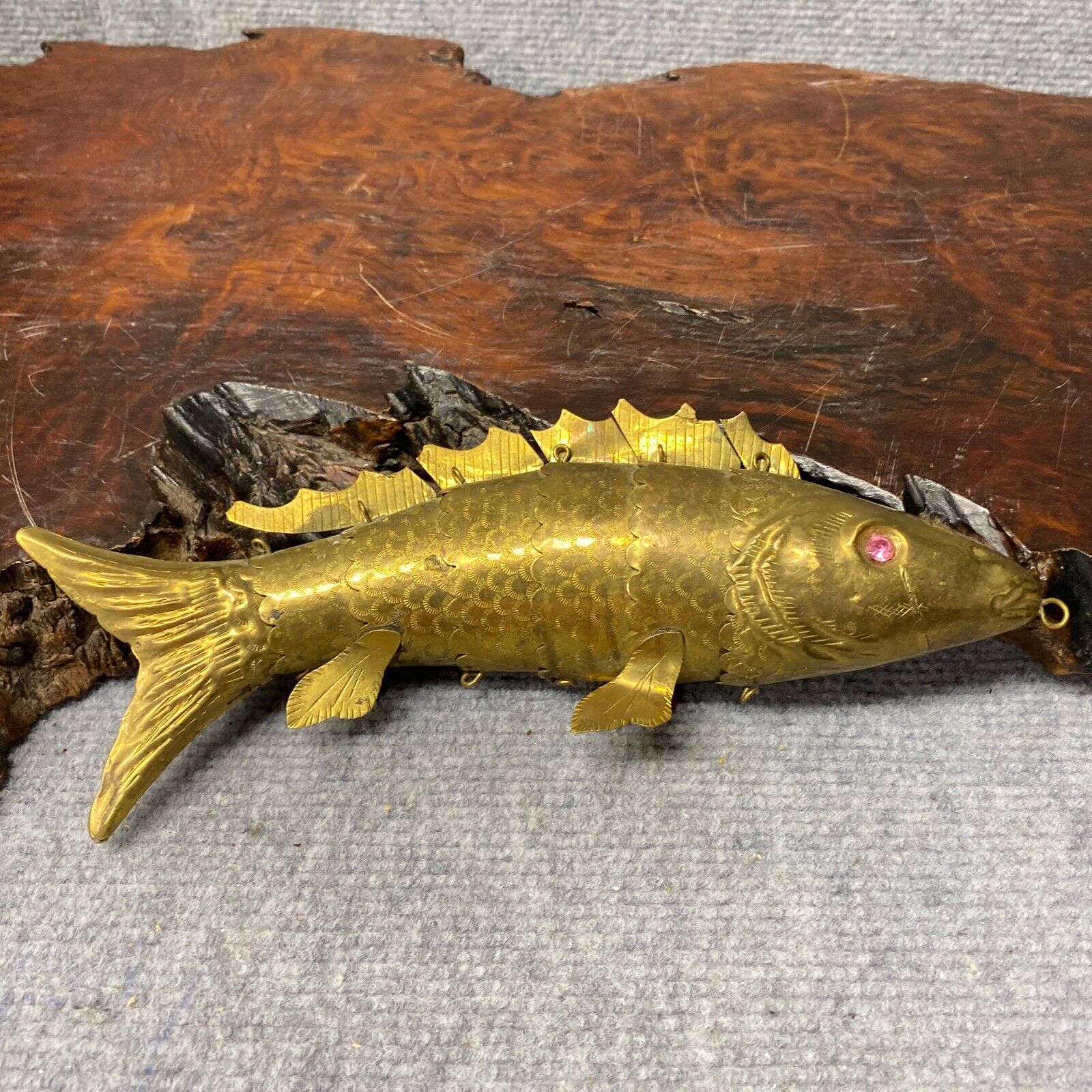 Brass Articulated Fish with Pink Eyes Rare Vintage 10” Long 