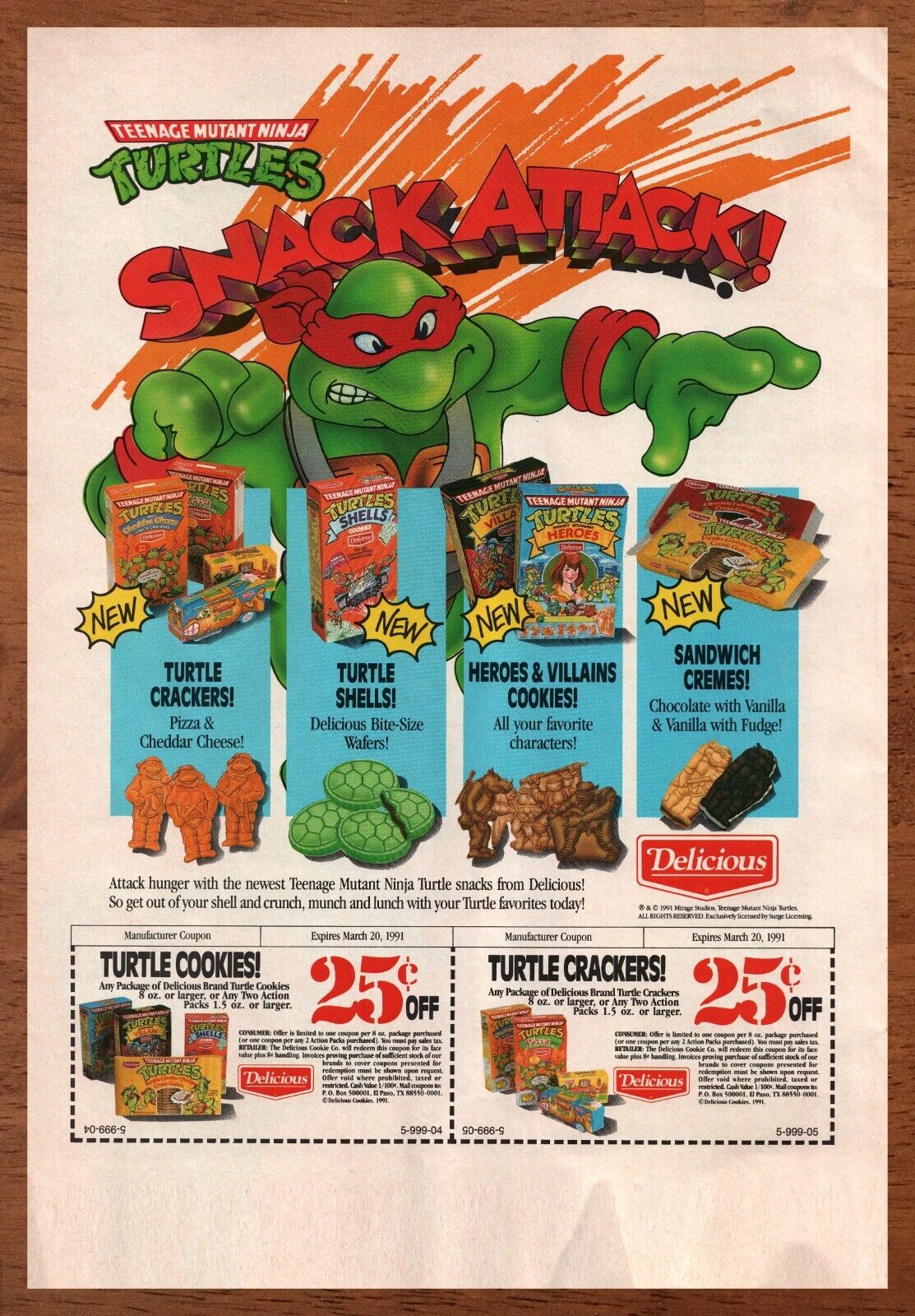 1990 Delicious Ninja Turtles Snacks Print Ad/Poster Crackers Shells Cookies 90s
