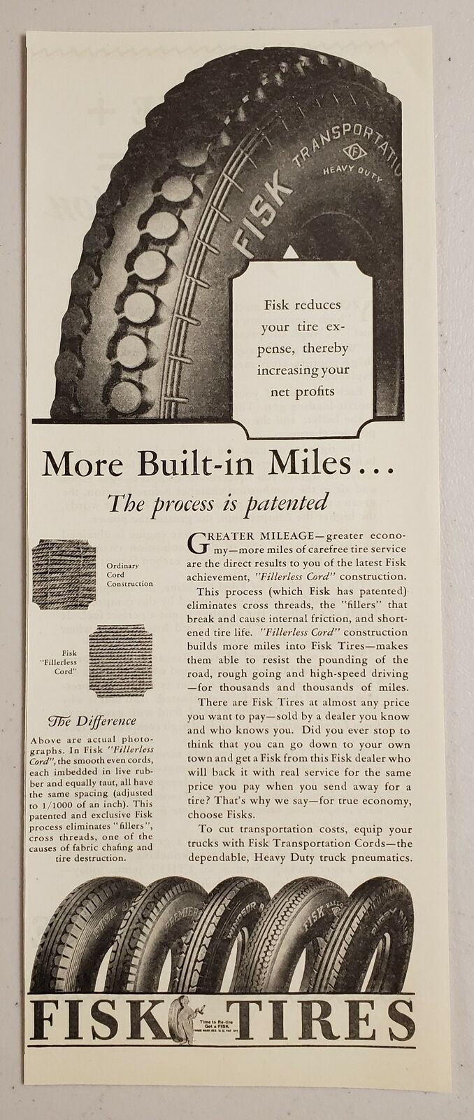1928 Print Ad Fisk Fillerless Cord Tires with More Built-In Miles 