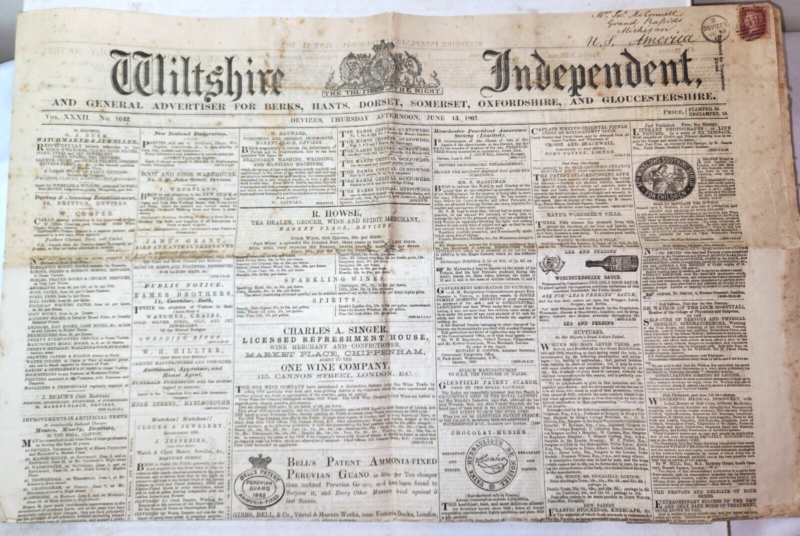 1867 Wiltshire Independent newspaper, Penny Red stamp shipped to Grand Rapids MI