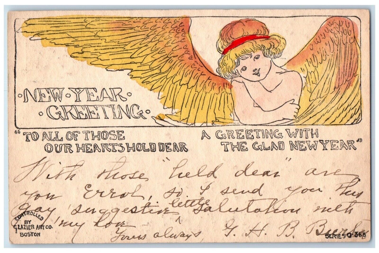 1907 New Year Greeting Angel Wings Washington DC Handcolored Antique Postcard