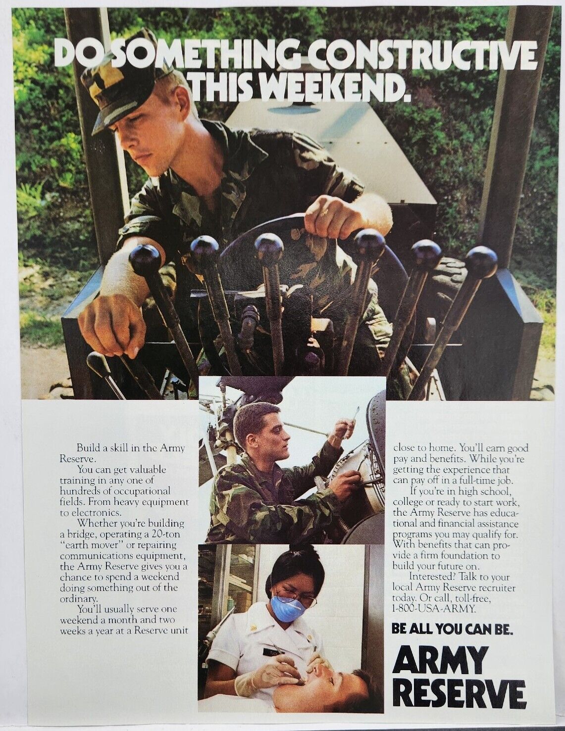 1988 U.S. Army Reserve Be All You Can Be Recruiting Vintage Poster Print Ad