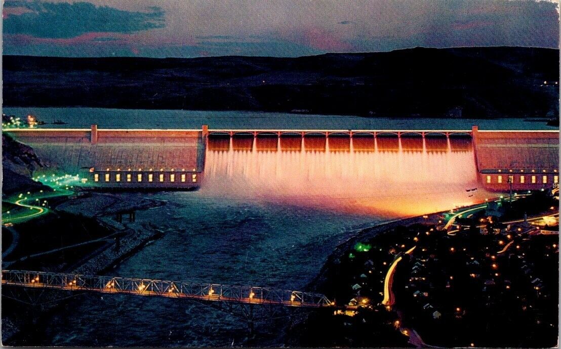 Postcard Washington grand Coulee Dam Lighted Night View 1965 Post Mercer Island