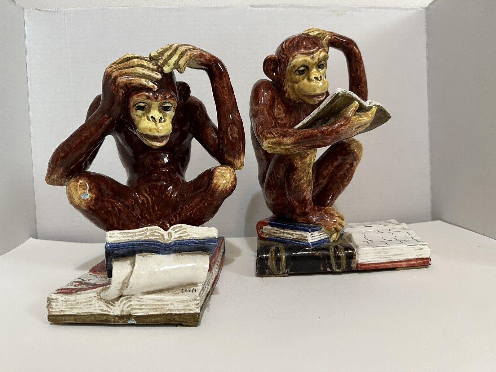 Vintage Italian Pair Terra Cotta Majolica Monkey Bookends