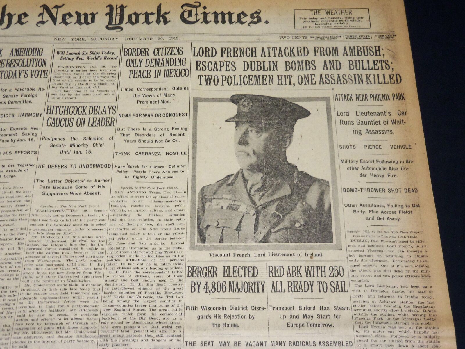 1919 DECEMBER 20 NEW YORK TIMES - LORD FRENCH ATTACKED FROM AMBUSH - NT 8537