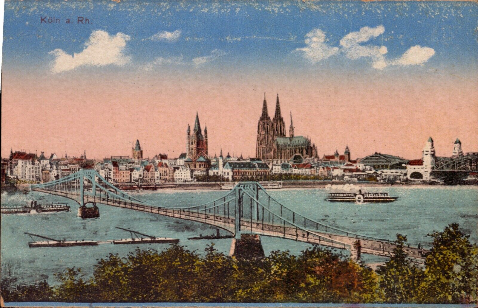 Postcard Germany bridge over water aerial view Koln a Rh c1900s old ferry boats